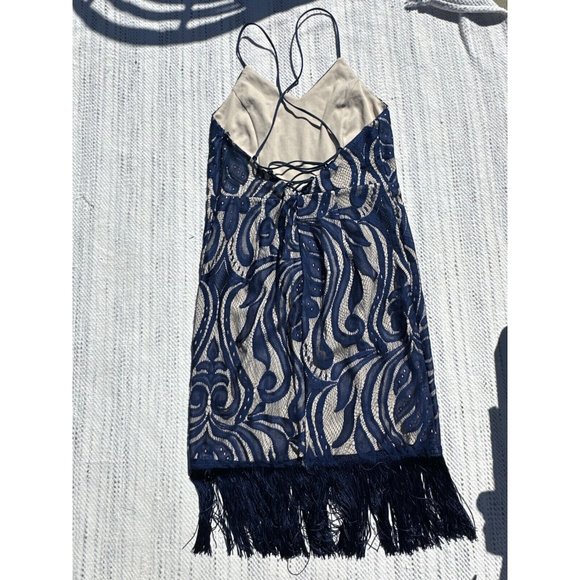 K Jordan Lace Dress Women's Large Navy Blue V-Neck Fringe Hem Spaghetti Strap - Picture 5 of 12